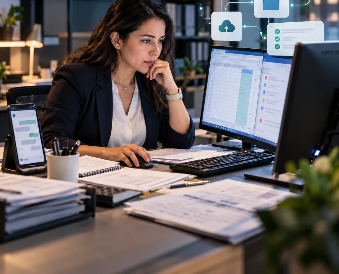 Administrativa revisando planillas y papeles mientras copia datos de un sistema a otro