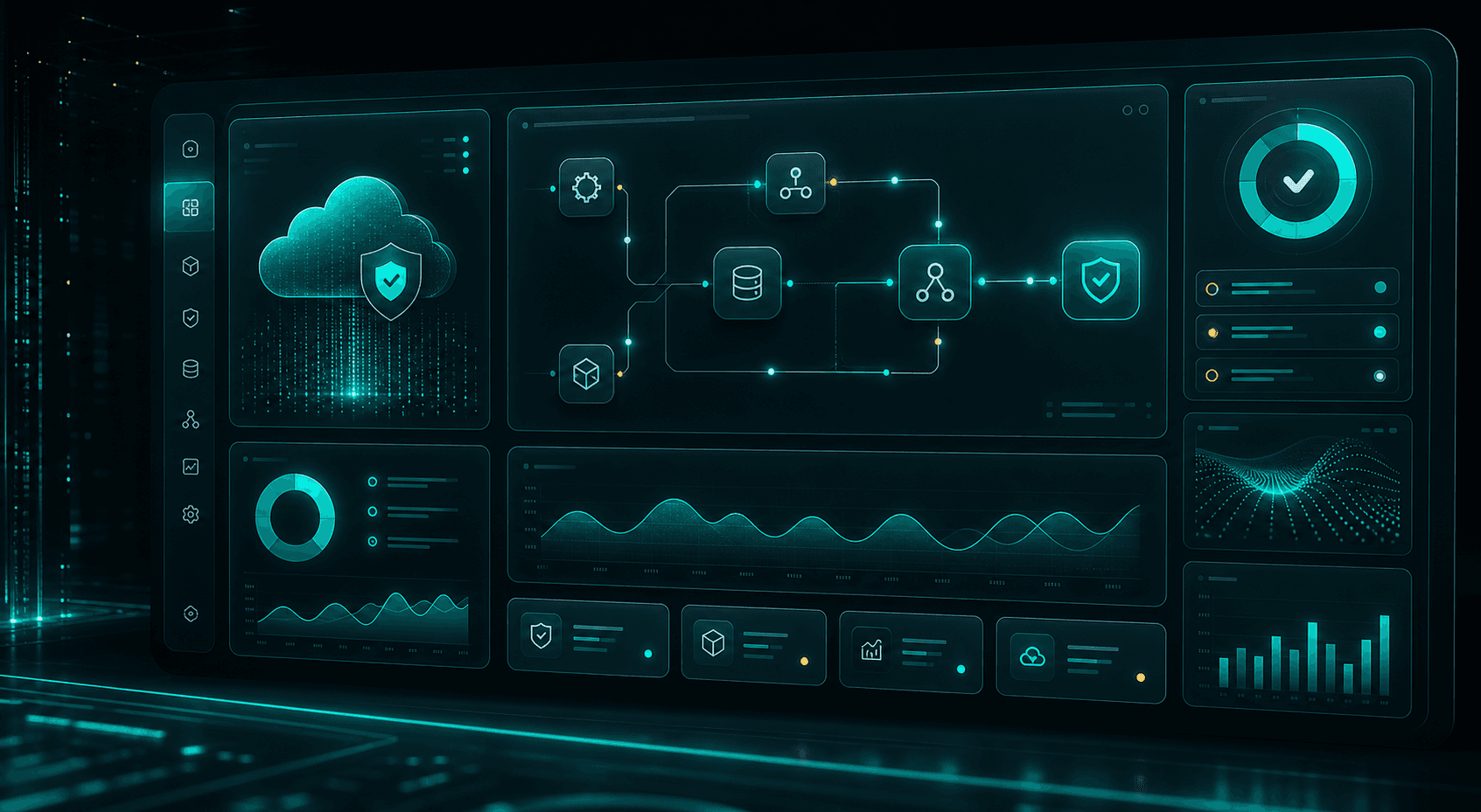 Panel tecnologico oscuro de ALNORA con flujos de automatizacion, analitica y seguridad operacional