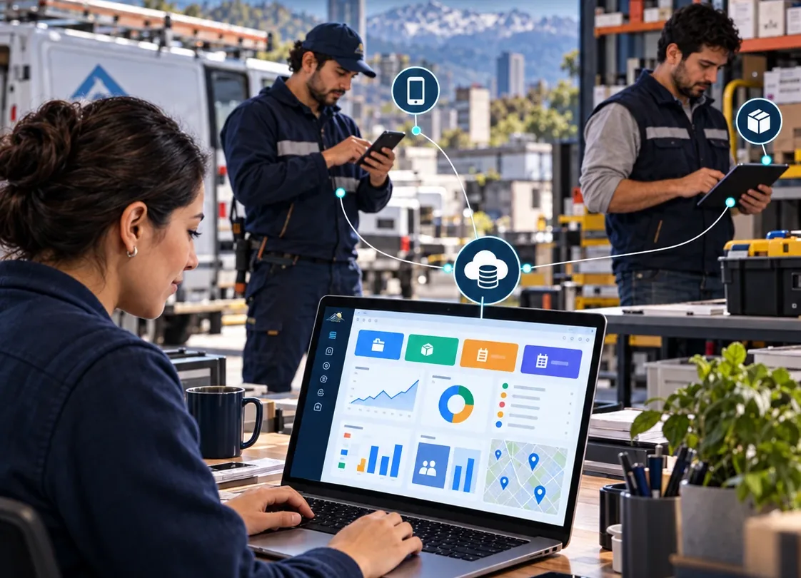 Equipo de operaciones conectado: una administrativa revisa el panel mientras técnicos en terreno y en bodega actualizan datos desde sus dispositivos
