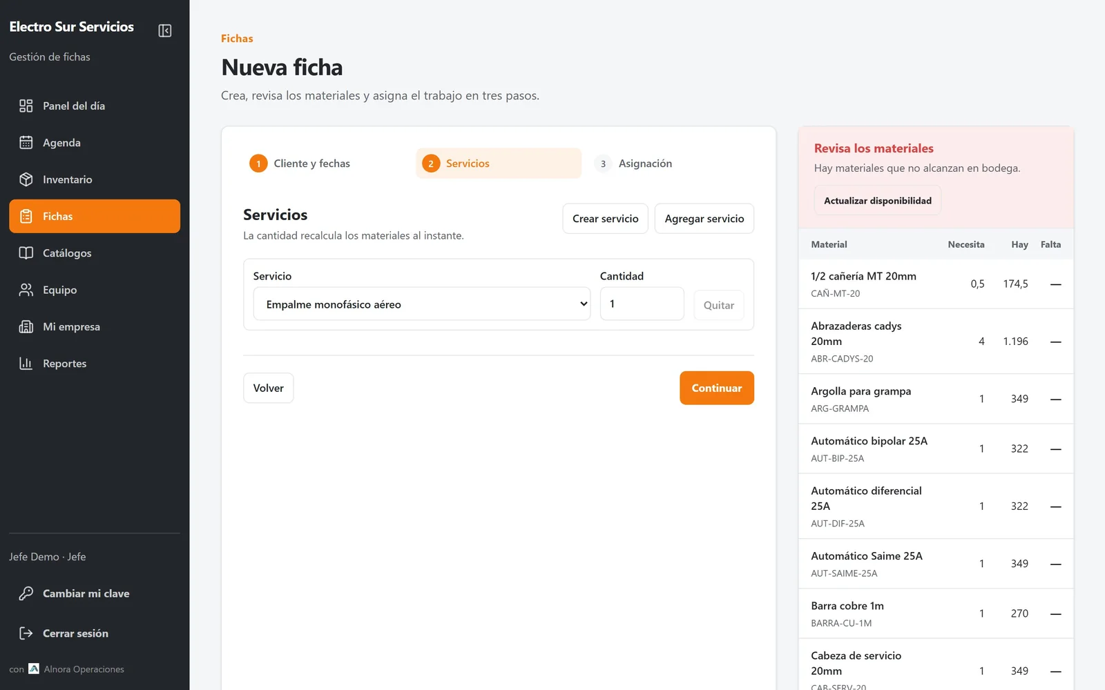 Oficina: creación de una ficha de trabajo con revisión de materiales en bodega