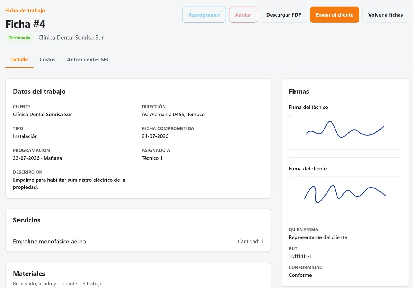Ficha terminada con datos del trabajo y las firmas del técnico y del cliente