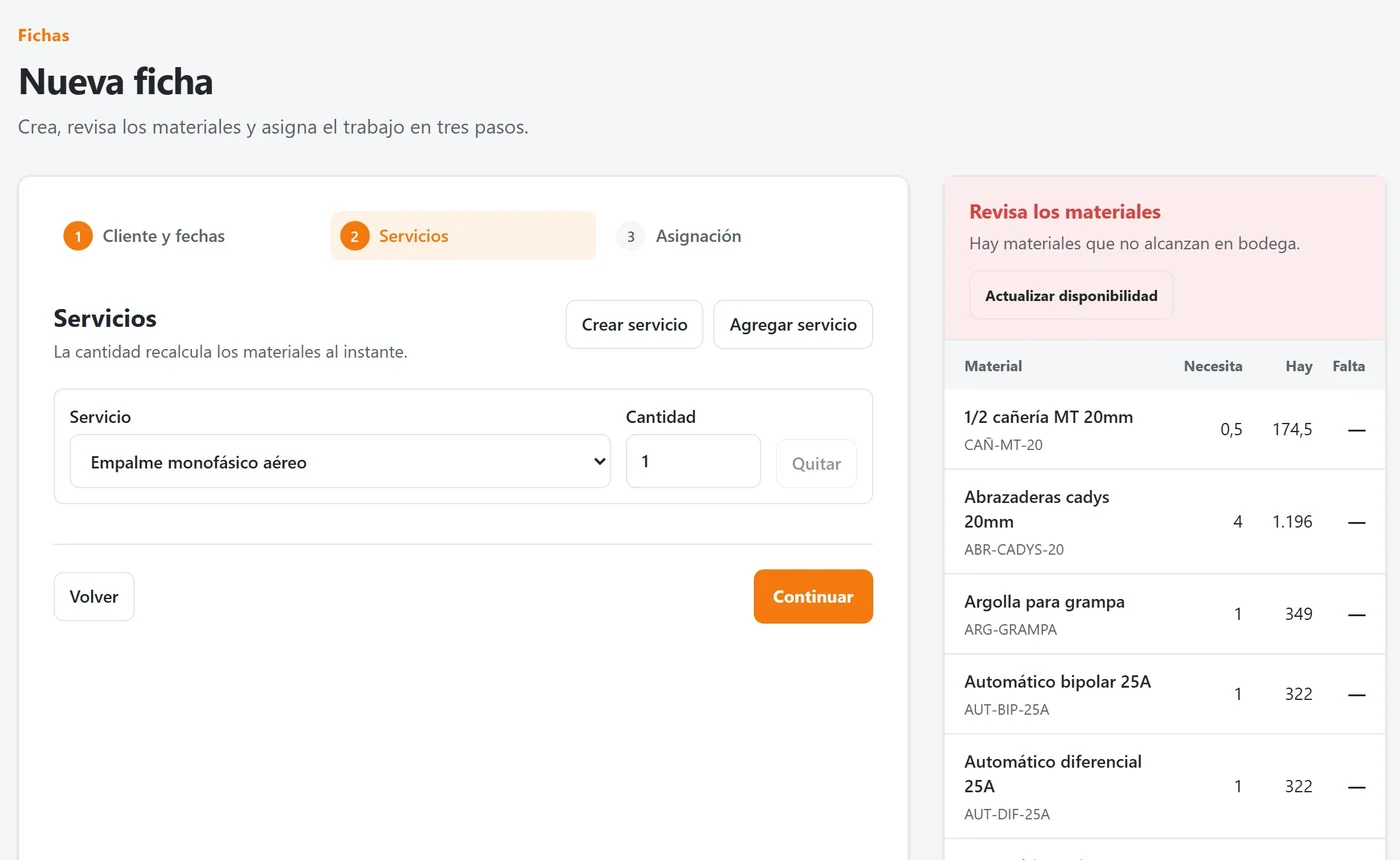 Pantalla de nueva ficha con la revisión de materiales disponibles en bodega